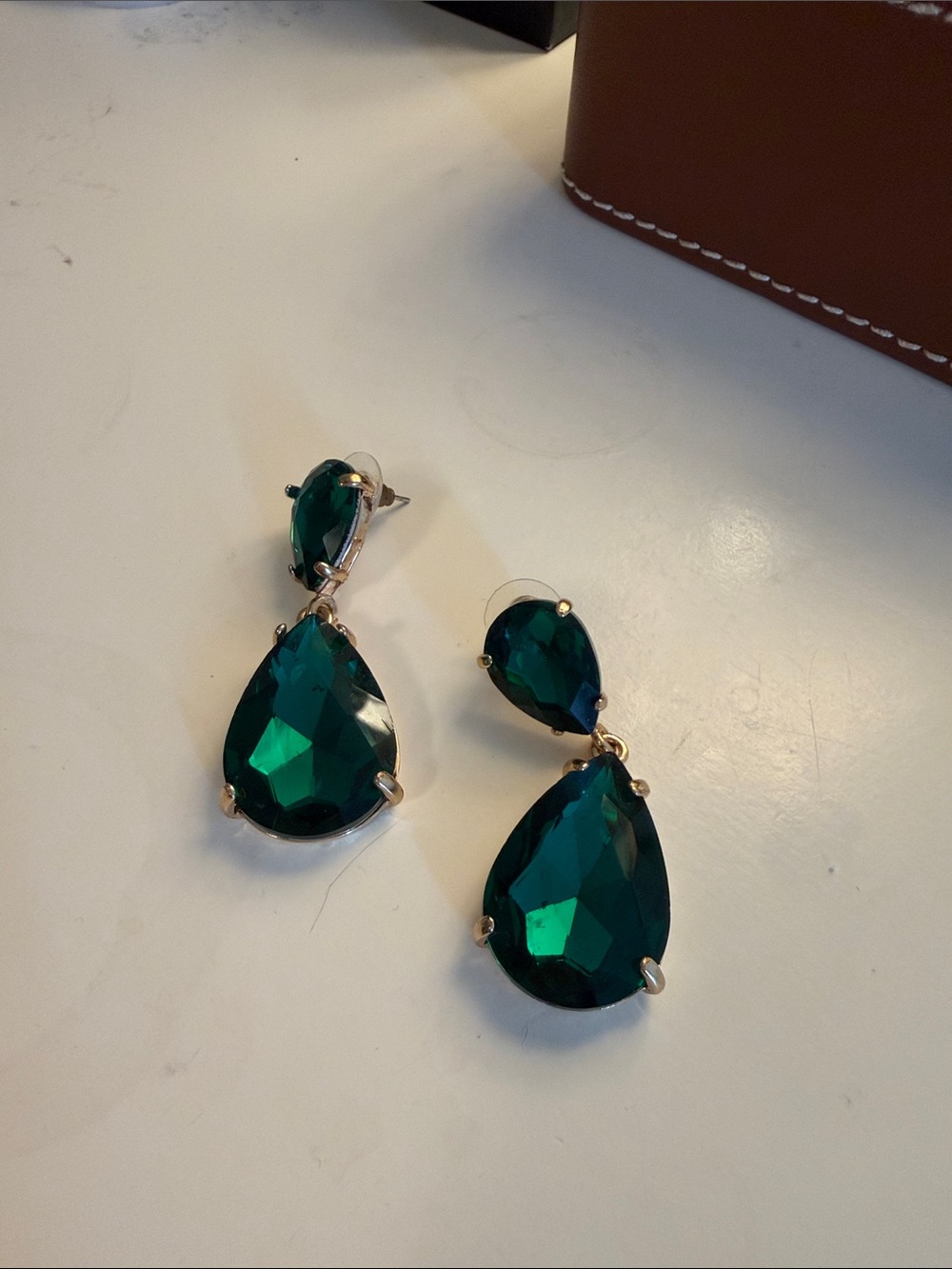 Emerald Teardrop Dangle Earrings - Green Crystal